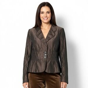 IRIS SETLAKWE Brown Fully Lined Peplum Crinkle Blazer MADE IN CANADA Sz 12
